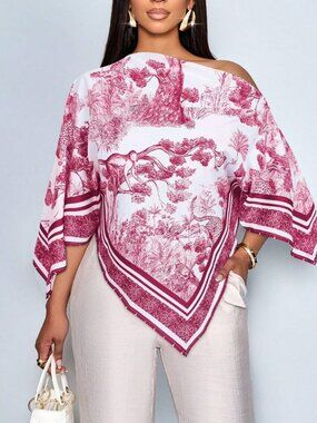 Burgundy Boho Women's Casual Asymmetric Neck Long Sleeve Batwing Blouse